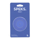 Speks Slabs circular blue textured silicone sensory sticker in retail packaging.