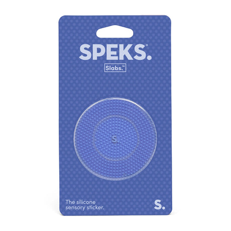 Speks Slabs circular blue textured silicone sensory sticker in retail packaging.