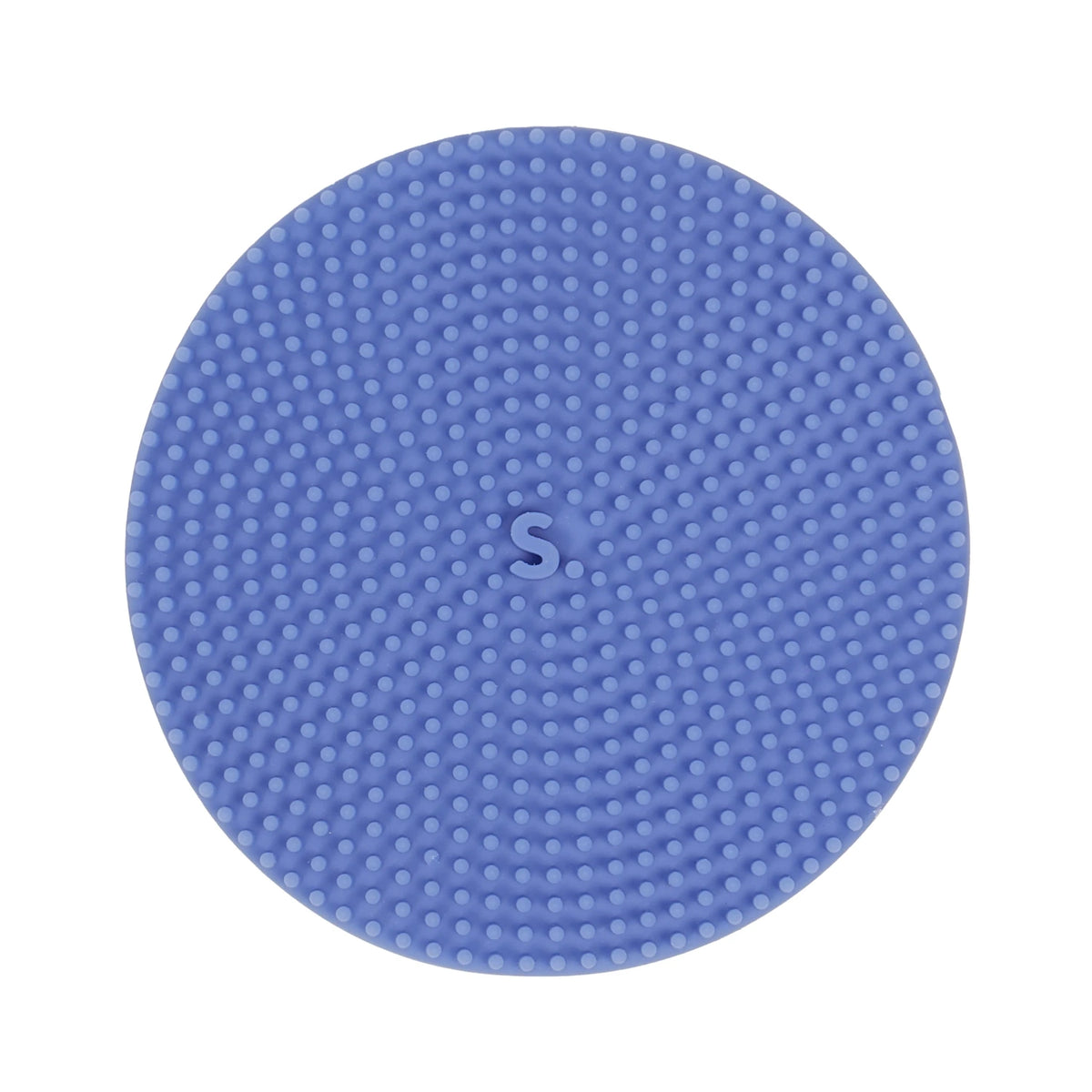 Circular light blue silicone sensory sticker featuring a raised dot texture with an "S." logo centered in the middle.