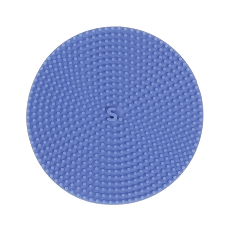 Circular light blue silicone sensory sticker featuring a raised dot texture with an "S." logo centered in the middle.