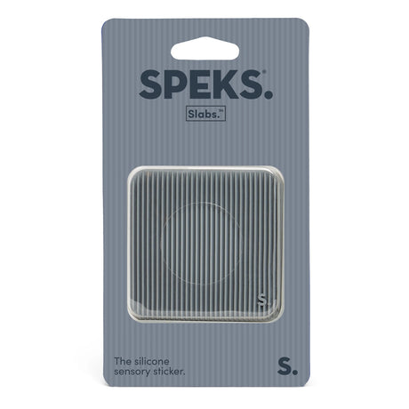 Speks Slabs square silicone sensory sticker in grey packaging.
