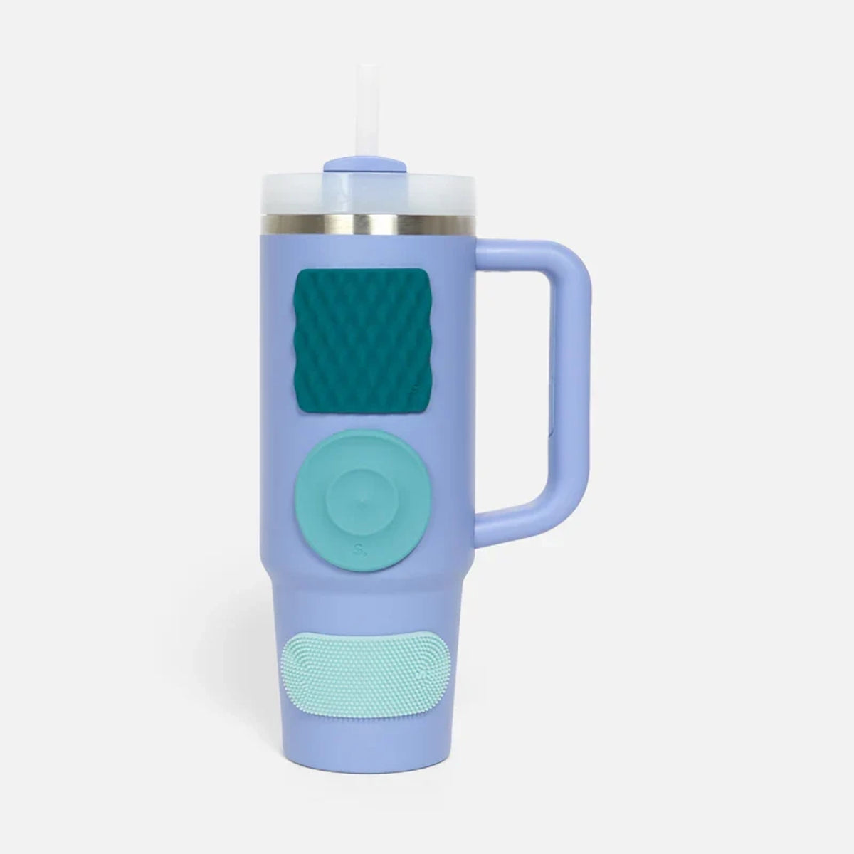 Light blue insulated travel tumbler with three silicone sensory stickers in varying shades of green attached to its side.