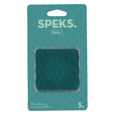 Speks Slabs green square silicone sensory sticker in its original retail backing card.