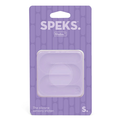 Speks Slabs square light purple silicone sensory sticker in retail packaging.
