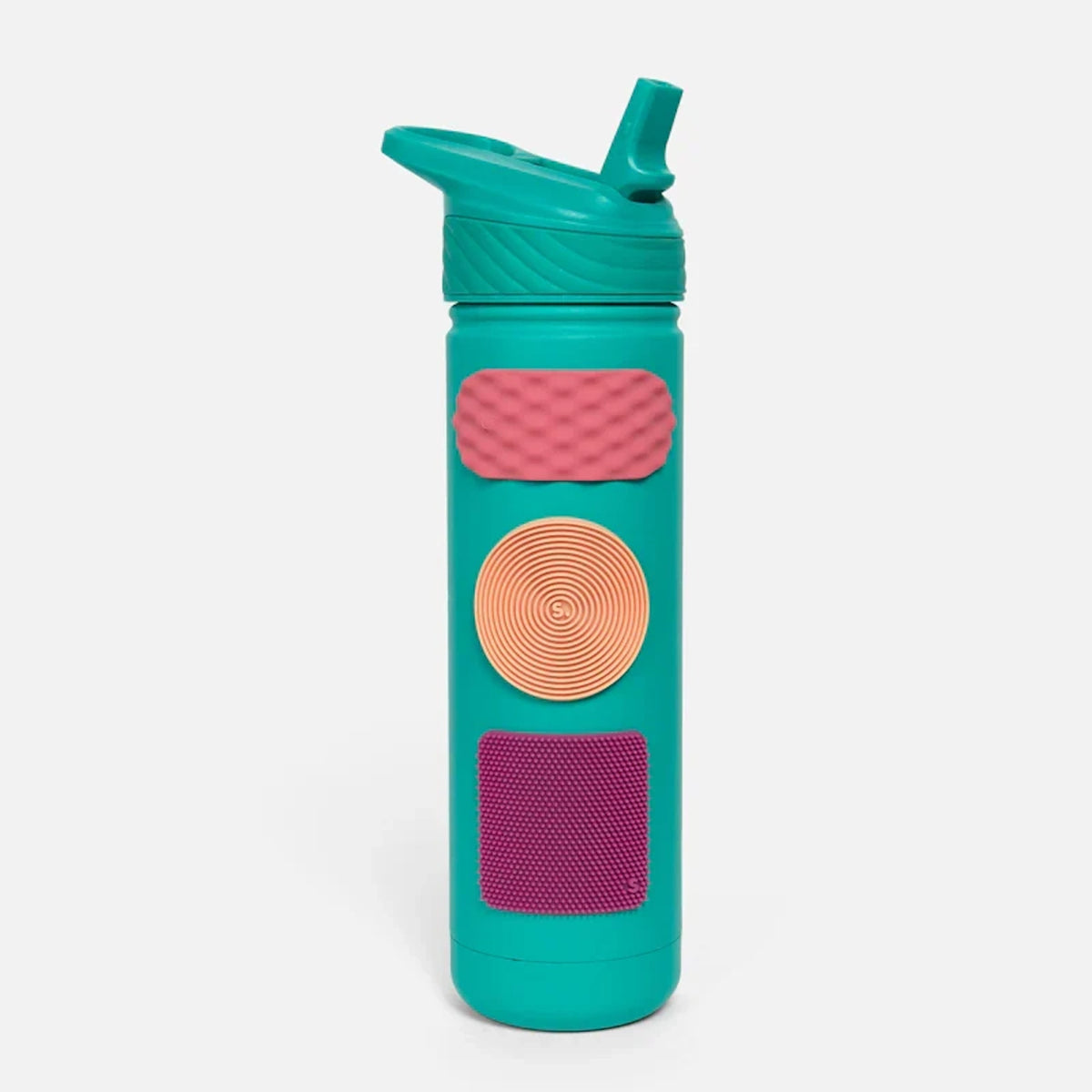 Teal water bottle features three distinct textured silicone sensory stickers attached down its side.