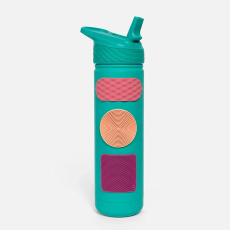 Teal water bottle features three distinct textured silicone sensory stickers attached down its side.