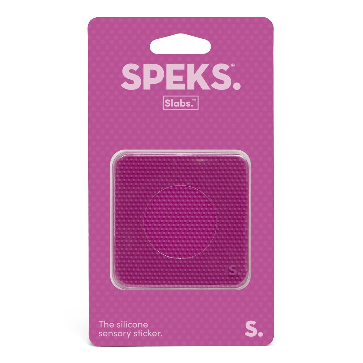Speks Slabs square silicone sensory sticker in purple packaging.