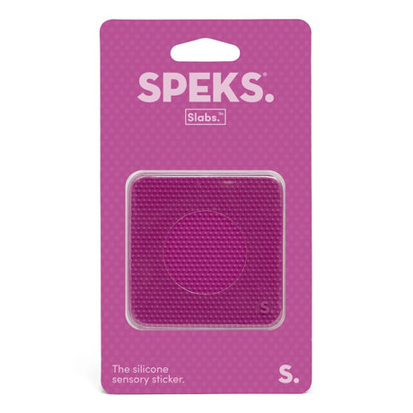 Speks Slabs square silicone sensory sticker in purple packaging.