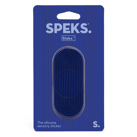 Speks Slabs oval blue grooved silicone sensory sticker in retail packaging.