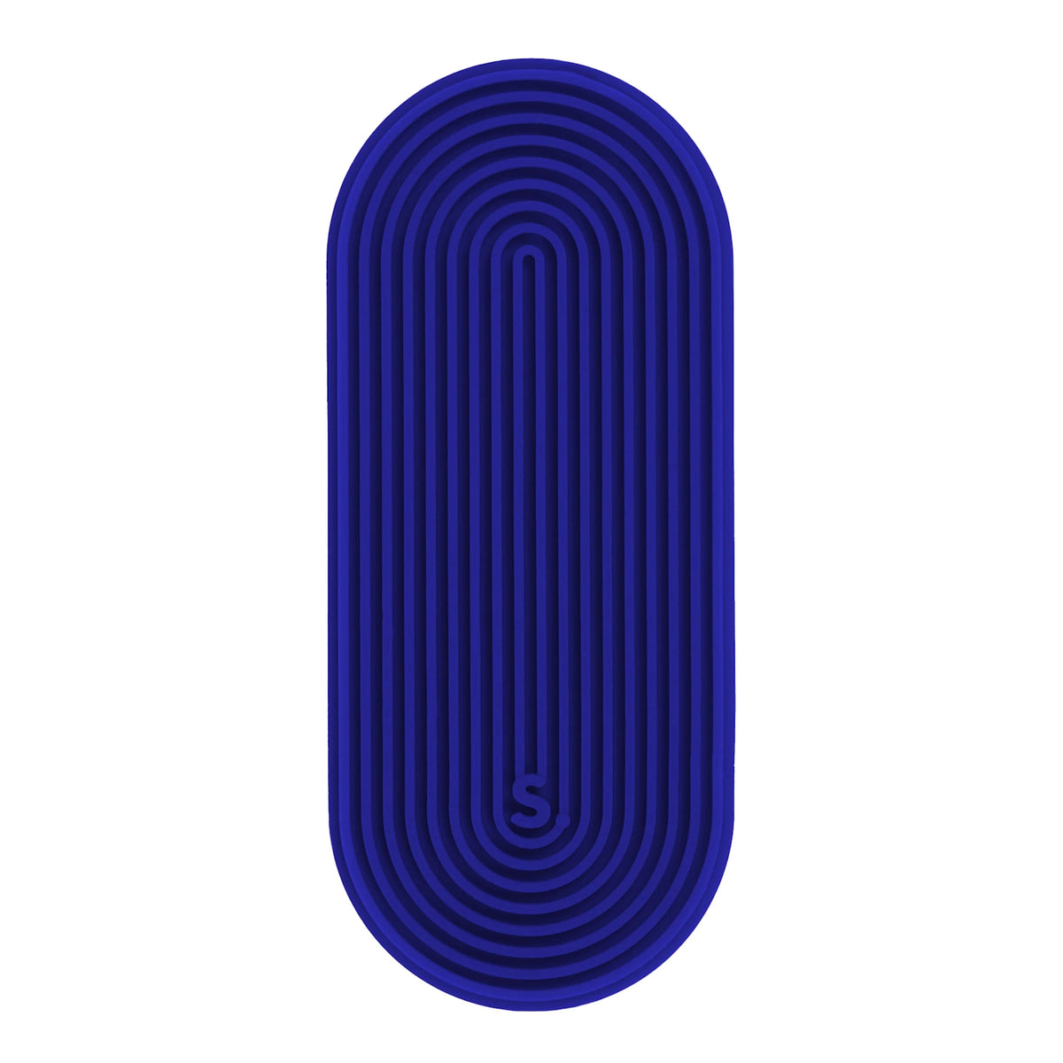 Oval blue silicone sensory sticker with concentric linear grooves and an "S." logo near the bottom.