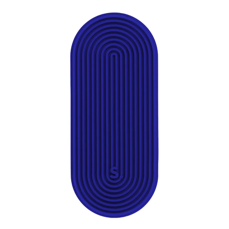 Oval blue silicone sensory sticker with concentric linear grooves and an "S." logo near the bottom.