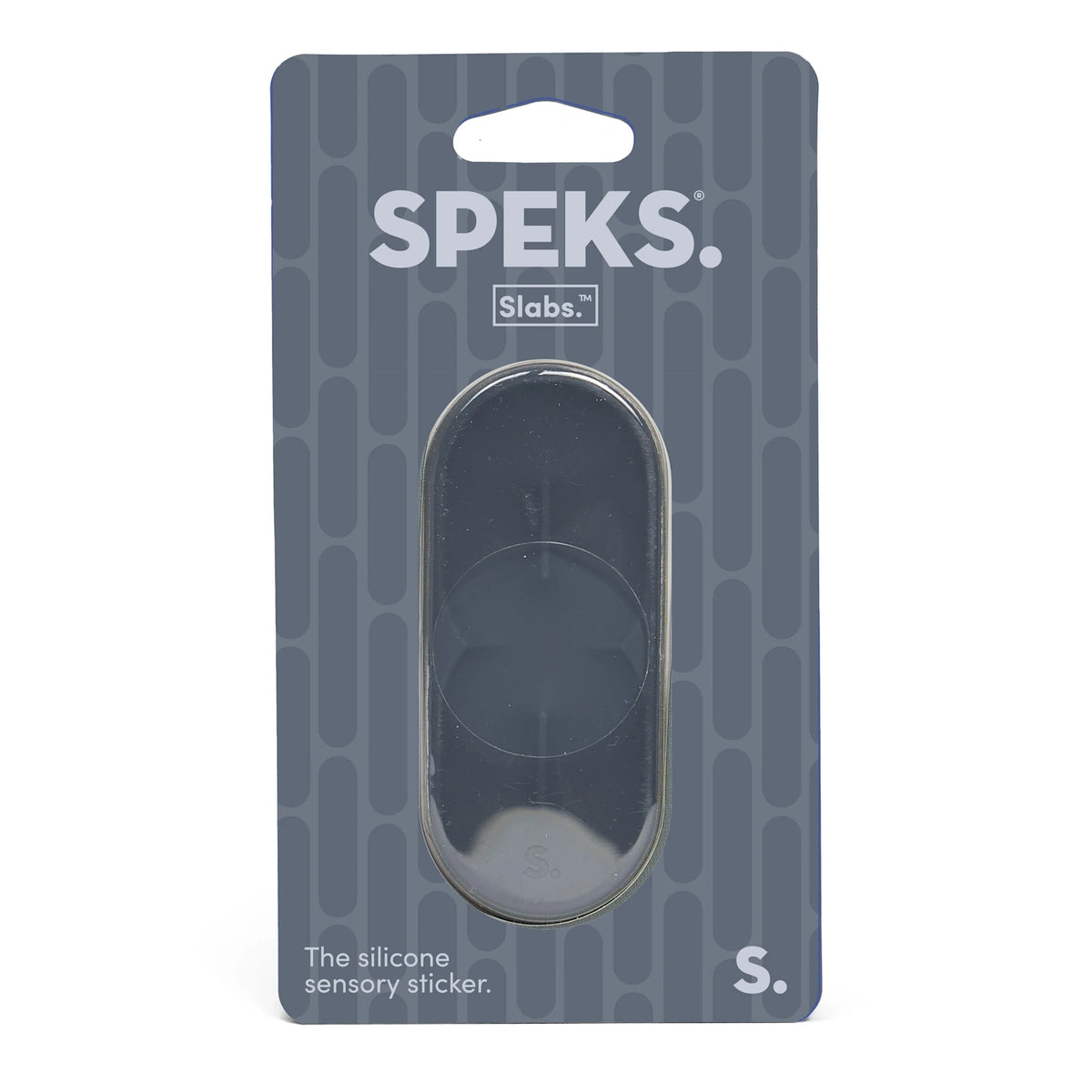 Speks Slabs oval silicone sensory sticker in dark grey packaging.