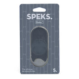 Speks Slabs oval silicone sensory sticker in dark grey packaging.