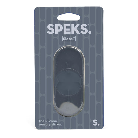 Speks Slabs oval silicone sensory sticker in dark grey packaging.