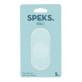 Speks Slabs oval silicone sensory sticker in light blue packaging.
