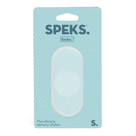 Speks Slabs oval silicone sensory sticker in light blue packaging.