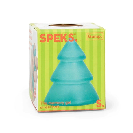 Front view of a green Speks Gump tree memory gel stress ball packaging box.