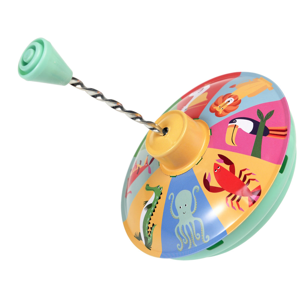 A colorful spinning top featuring whimsical animal illustrations, including a lion, octopus, and crab, with a green knob for spinning.