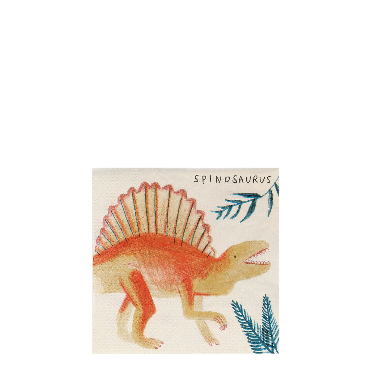Meri Meri Dinosaur Kingdom small napkin featuring an orange Spinosaurus illustration and blue leaves on a cream background.