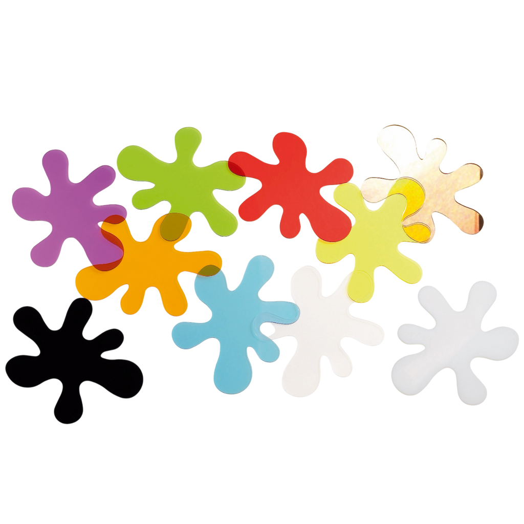 The set includes splats in the primary and secondary colours (red, blue, yellow, green, orange and purple) as well as clear, black, white and a double-sided mirror (black, white and mirrored are opaque).