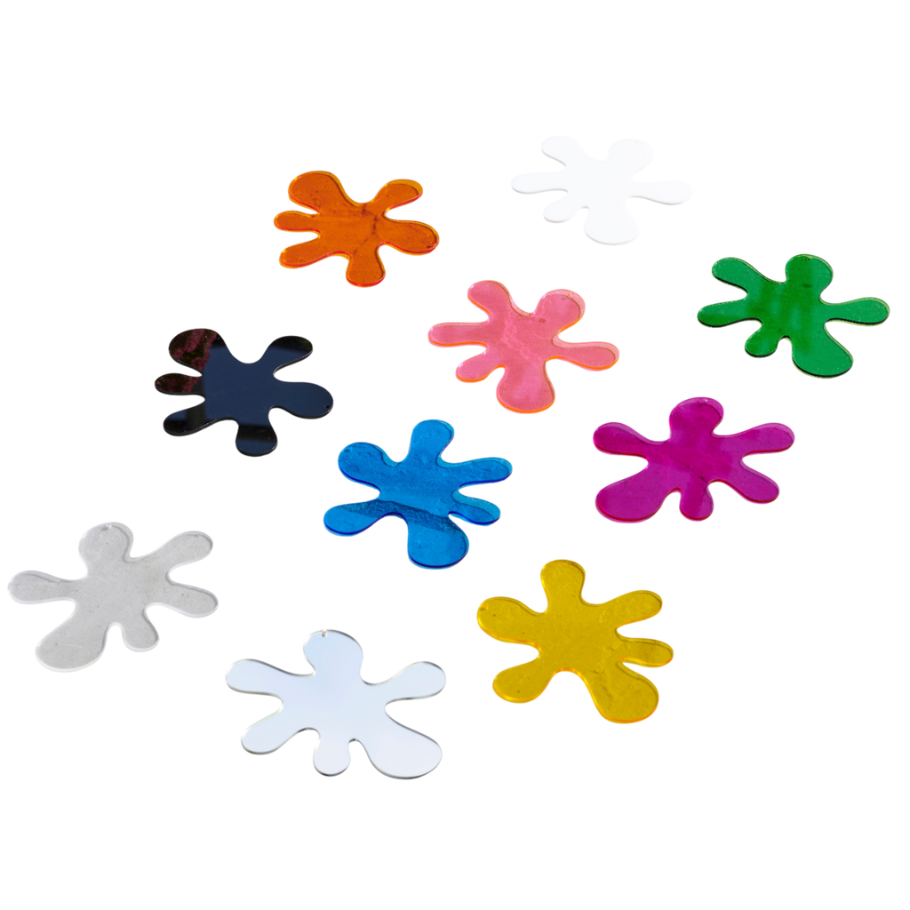 The set includes splats in the primary and secondary colours (red, blue, yellow, green, orange and purple) as well as clear, black, white and a double-sided mirror (black, white and mirrored are opaque).