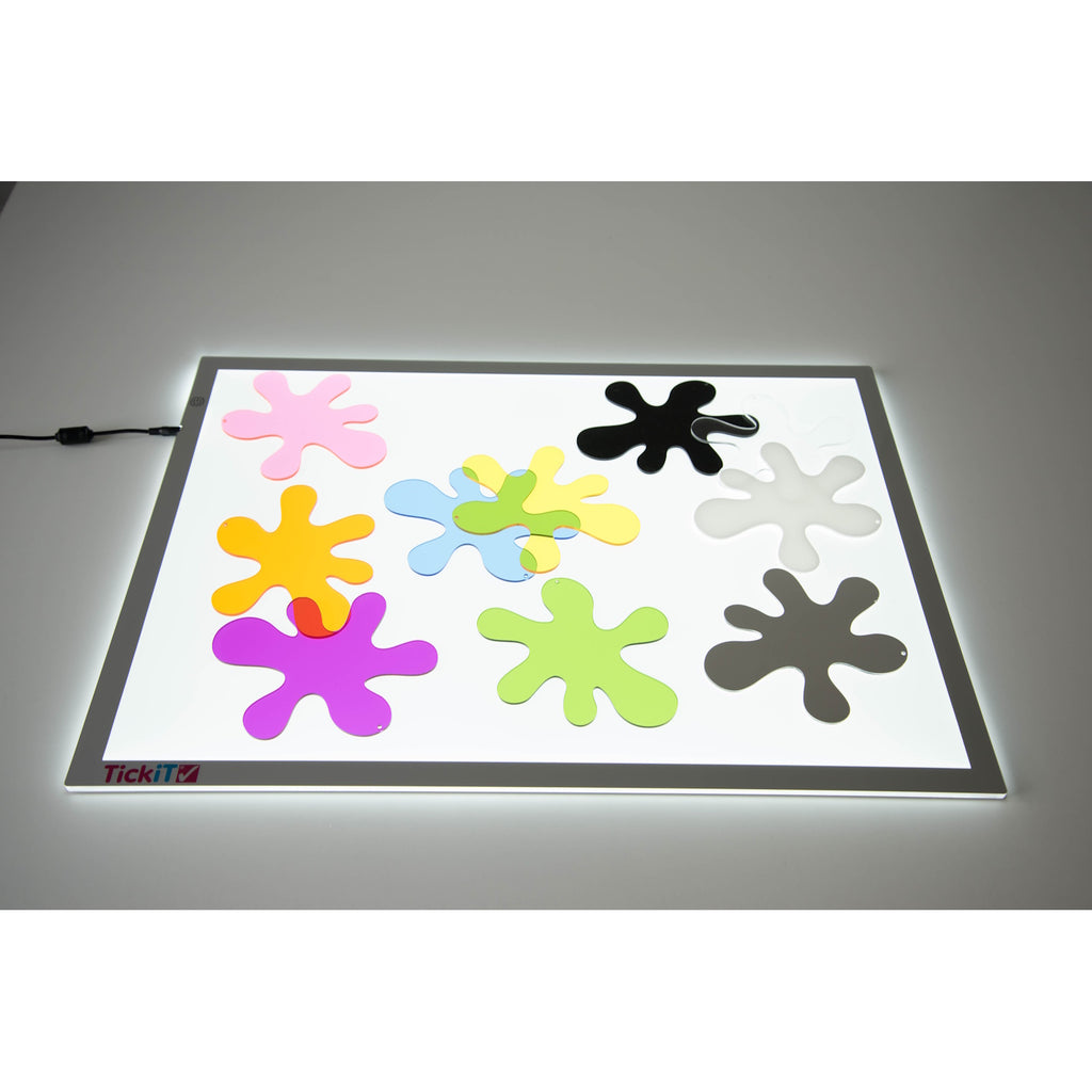 A set of fun 'dropped paint splat' shapes made from colourful, clear, opaque and mirrored 3mm acrylic.
