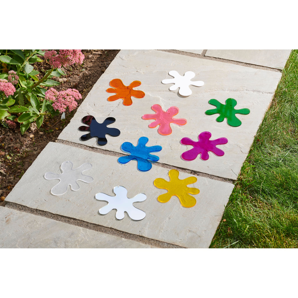 A set of fun 'dropped paint splat' shapes made from colourful, clear, opaque and mirrored 3mm acrylic.