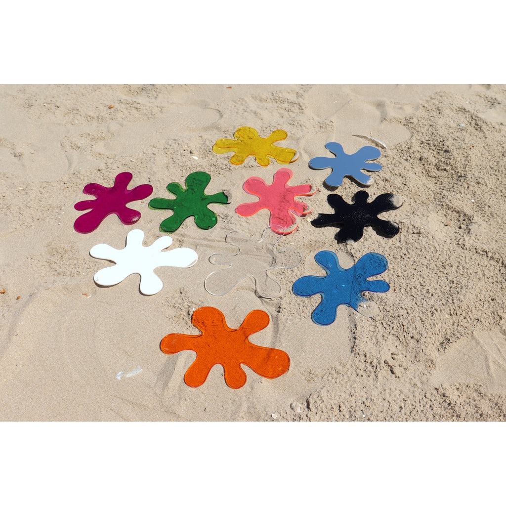A set of fun 'dropped paint splat' shapes made from colourful, clear, opaque and mirrored 3mm acrylic.