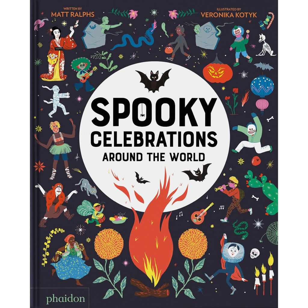 Colorful book cover titled "Spooky Celebrations Around the World" features diverse festive characters, bats, pumpkins, and a campfire, conveying a fun, eerie atmosphere.