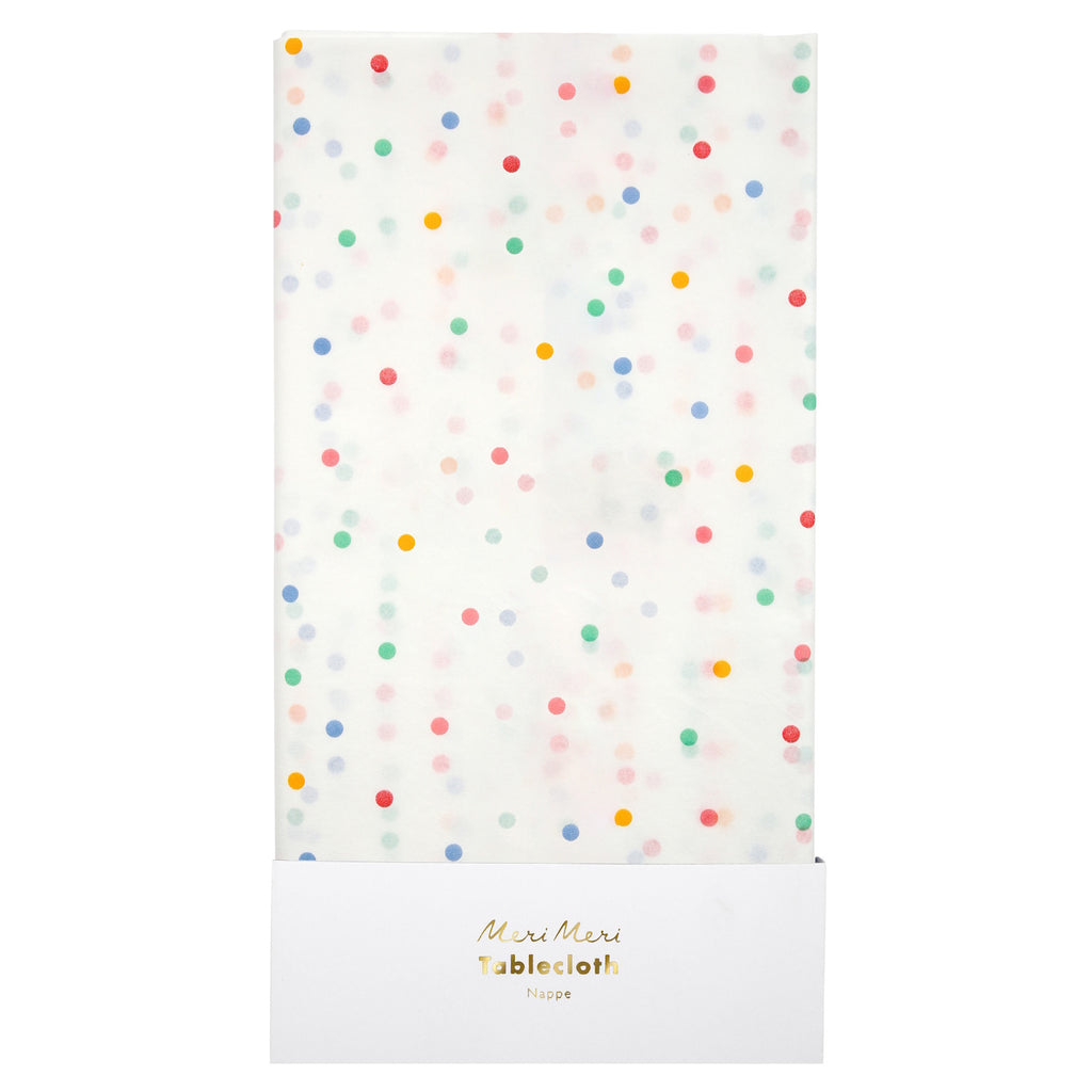 Featuring a white background with colourful spots, perfect for brightening up party tables with a playful touch.
