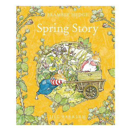 Book cover for "Spring Story" by Jill Barklem, showing a mouse pushing another mouse in a wooden cart.