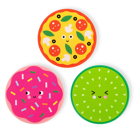 Three round, cute cartoon faces: a smiling pizza with toppings, a pink donut with sprinkles, and a cheerful green kiwi, all expressing joy.
