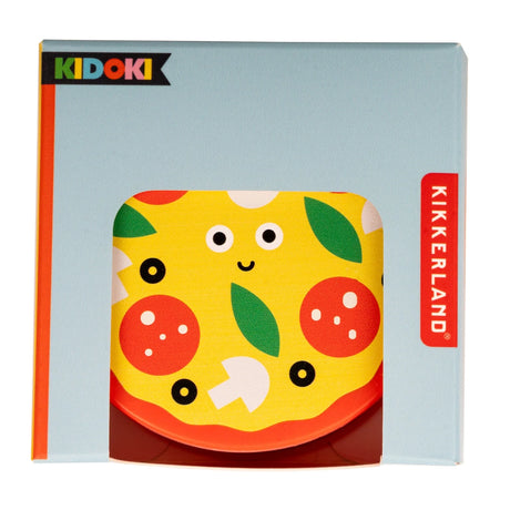 A playful, circular yellow pizza bookmark with a smiling face, red pepperoni, green leaves, and black olives in colorful packaging marked "Kidoki" and "Kikkerland."