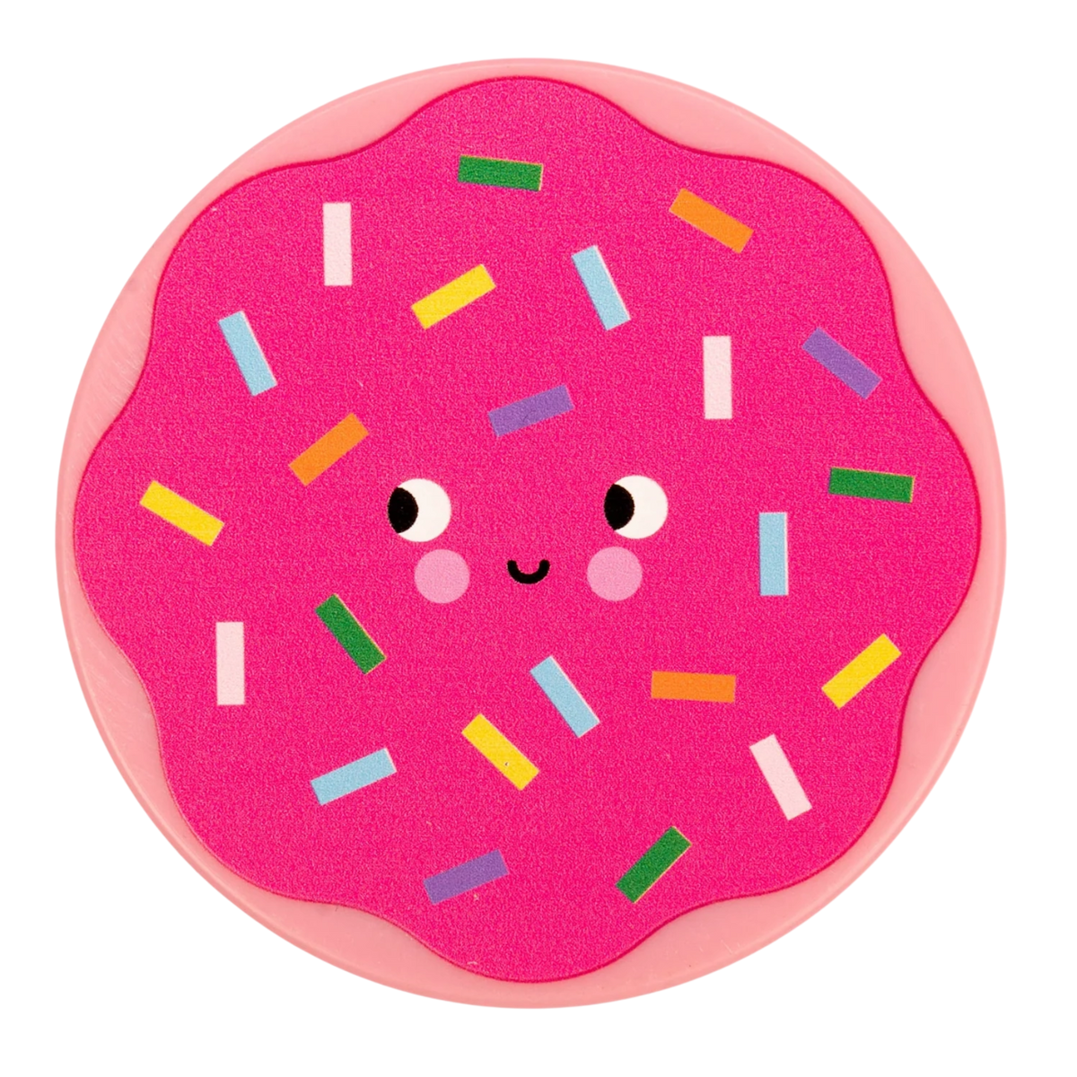 Cute pink frosted donut character with colorful sprinkles, a joyful smiling face, and rosy cheeks, set against a black background.