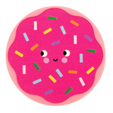 Cute pink frosted donut character with colorful sprinkles, a joyful smiling face, and rosy cheeks, set against a black background.