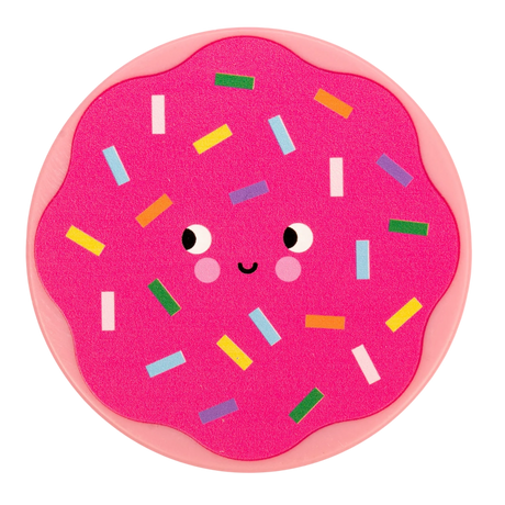 Cute pink frosted donut character with colorful sprinkles, a joyful smiling face, and rosy cheeks, set against a black background.