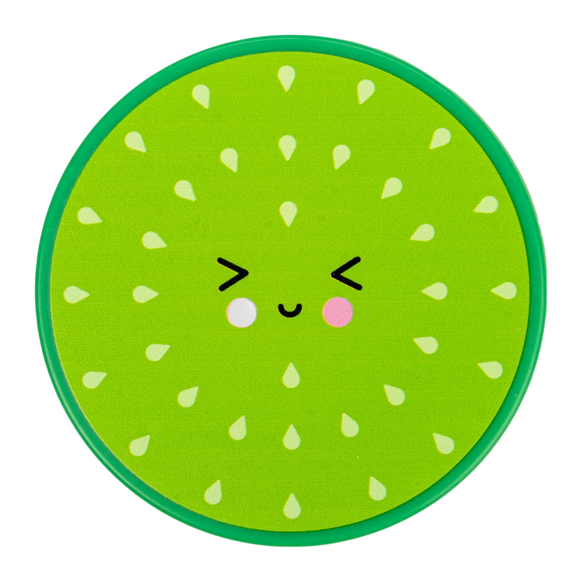 Cute, round watermelon slice with a smiling face. Features winking eyes, pink cheeks, and scattered white seeds, conveying a playful, cheerful tone.