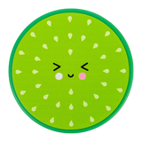 Cute, round watermelon slice with a smiling face. Features winking eyes, pink cheeks, and scattered white seeds, conveying a playful, cheerful tone.