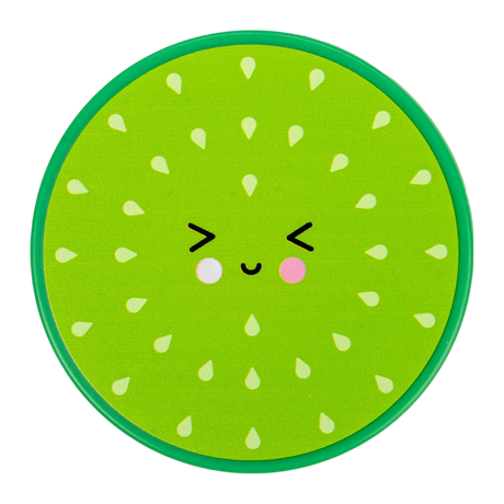 Cute, round watermelon slice with a smiling face. Features winking eyes, pink cheeks, and scattered white seeds, conveying a playful, cheerful tone.