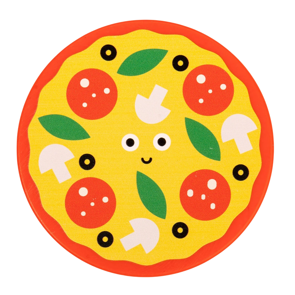 Cartoon pizza with a smiling face features vibrant toppings like tomatoes, mushrooms, olives, and green leaves against a bright yellow background.
