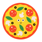 Cartoon pizza with a smiling face features vibrant toppings like tomatoes, mushrooms, olives, and green leaves against a bright yellow background.