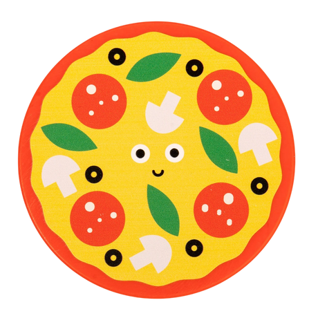 Cartoon pizza with a smiling face features vibrant toppings like tomatoes, mushrooms, olives, and green leaves against a bright yellow background.