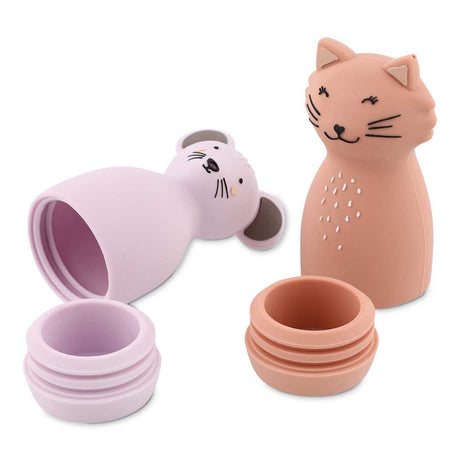 Squeezy silicone cat and mouse bath toy with screw-on caps for kids.