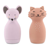 Squeezy animals cat and mouse silicone bath toys in lavender and peach.