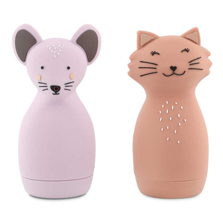 Squeezy animals cat and mouse silicone bath toys in lavender and peach.