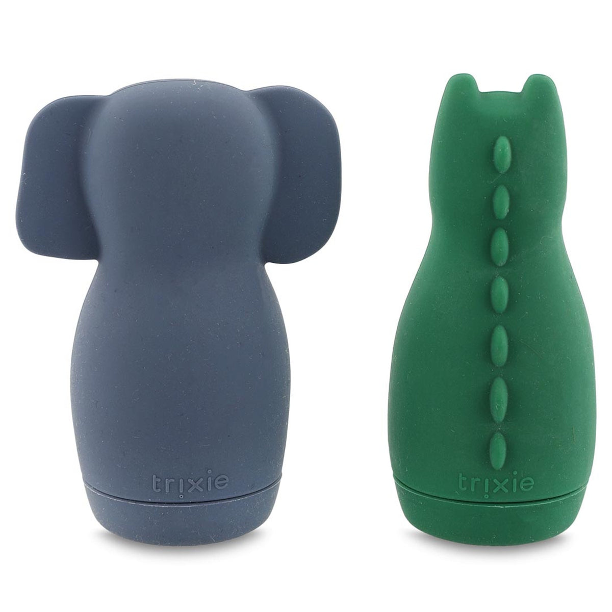 Two silicone baby bottles; one blue with an elephant design, and one green with a crocodile design. Both have textured details and a smooth finish.
