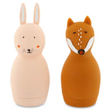 Two silicone water bottles shaped like animals. The left is a pink rabbit with long ears, and the right is a brown fox with closed eyes. They are cute and whimsical.