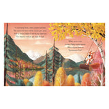 Illustration of a squirrel on a log swing in an autumn forest with mountains, lake, and colorful trees. Children's book.