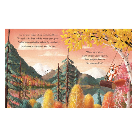 Illustration of a squirrel on a log swing in an autumn forest with mountains, lake, and colorful trees. Children's book.