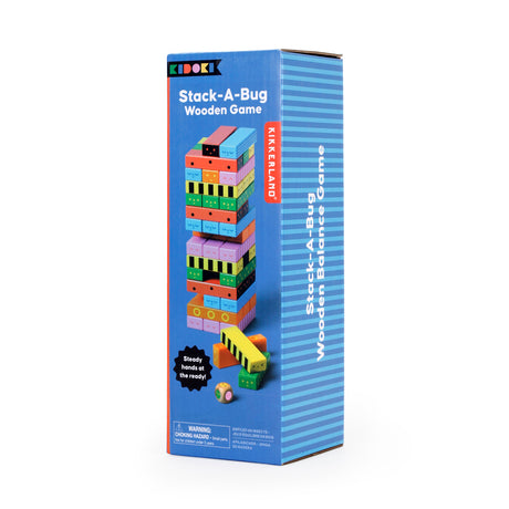 Blue box for KIKKERLAND Kidoki Stack-A-Bug Wooden Game featuring a colorful stacked block tower picture.